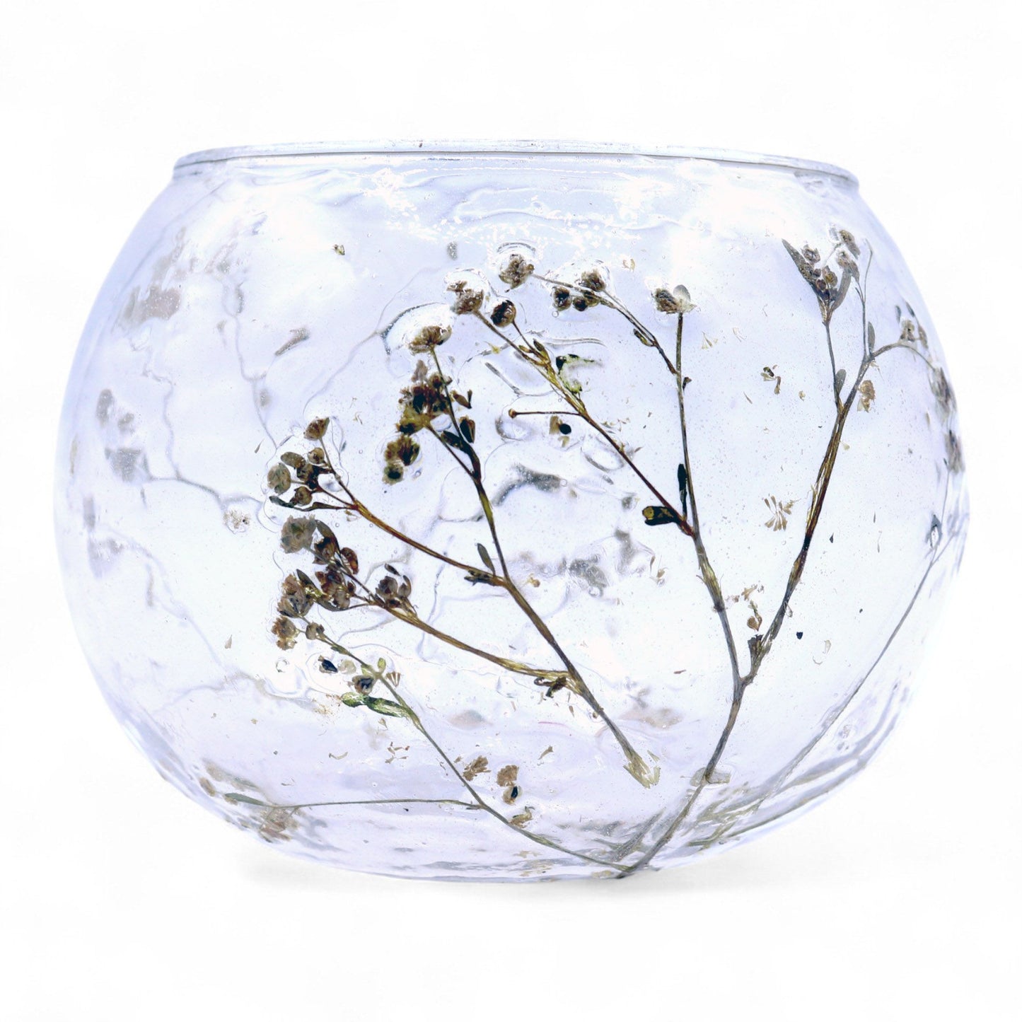 Glasschale mit echten Blüten – Handgefertigter Kerzenhalter aus recyceltem Glas
