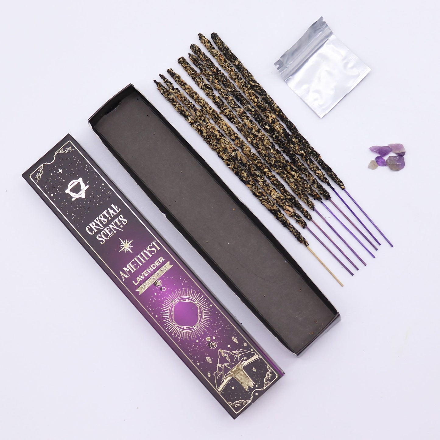 Räucherstäbchen Lavendel mit Amethyst-Splittern – Handgefertigt für Ruhe