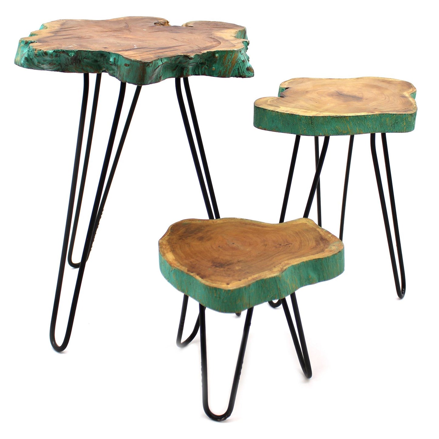 Set aus 3 Pflanzenständern aus Gamal-Holz mit Haarnadelbeinen - Grünlasur