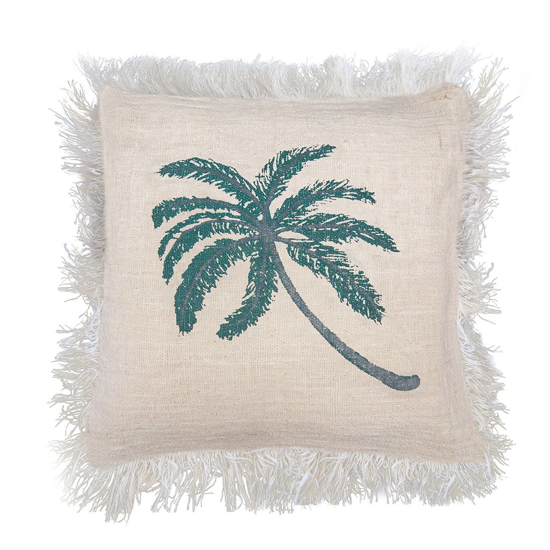 Leinenkissenbezug mit Palmenmuster und Fransen – 45 x 45 cm