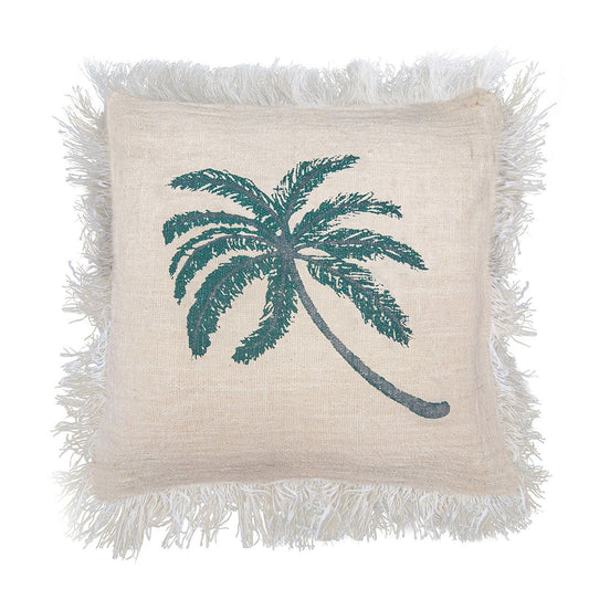 Leinenkissenbezug mit Palmenmuster und Fransen – 45 x 45 cm