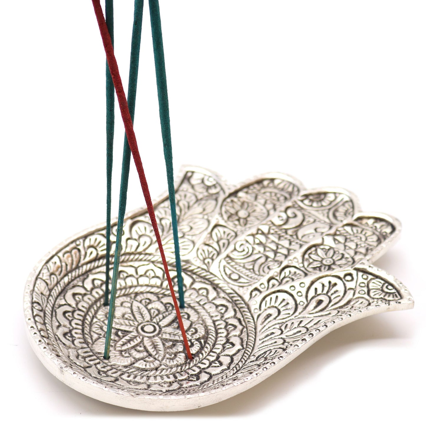 Hamsa Räucherstäbchenhalter aus poliertem Aluminium – 18 x 13 cm