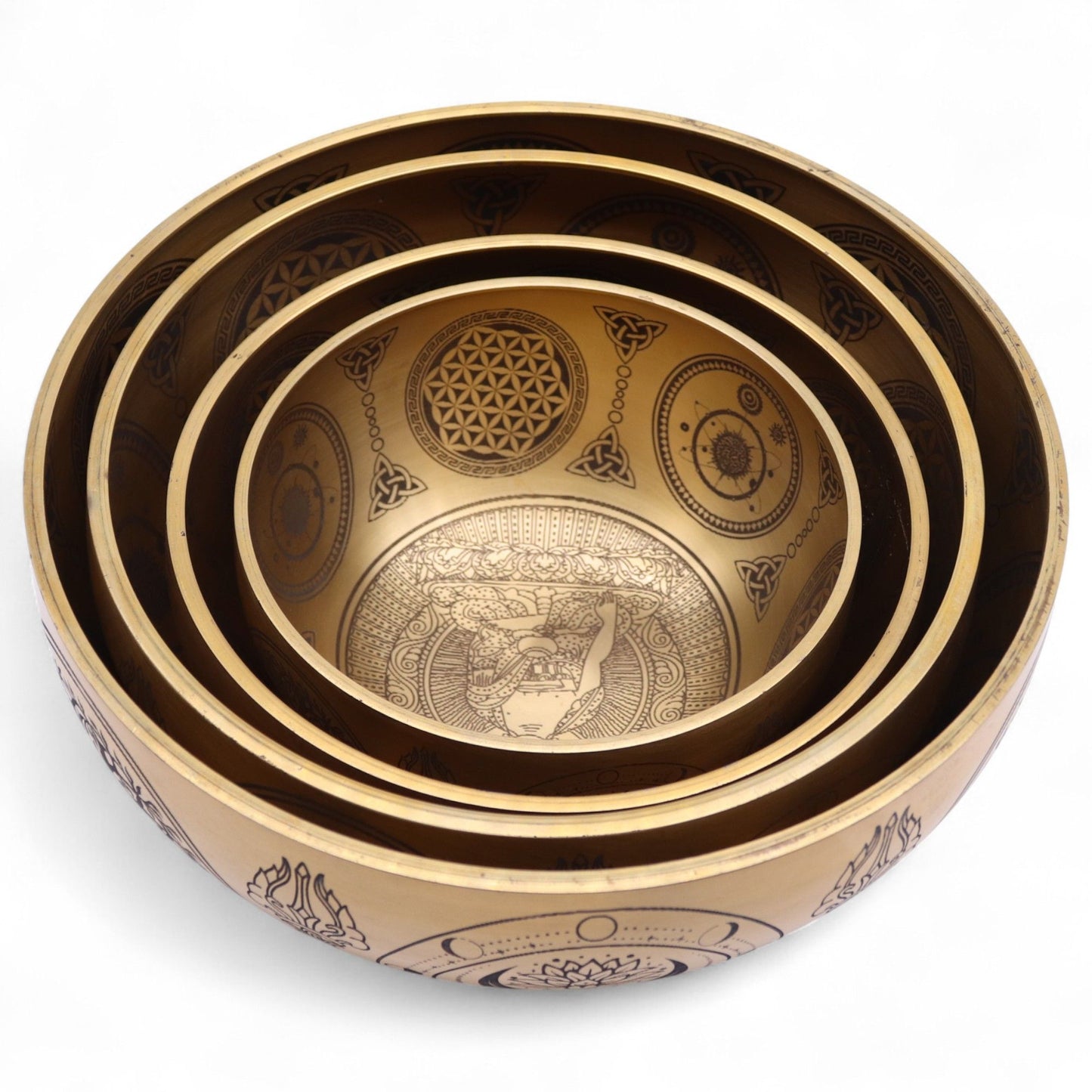 Set mit vier handgravierten Buddha-Klangschalen aus Messing