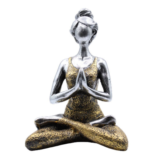 Yoga Lady Figur in Silber & Gold – Handgefertigte Resin-Zement-Dekoration