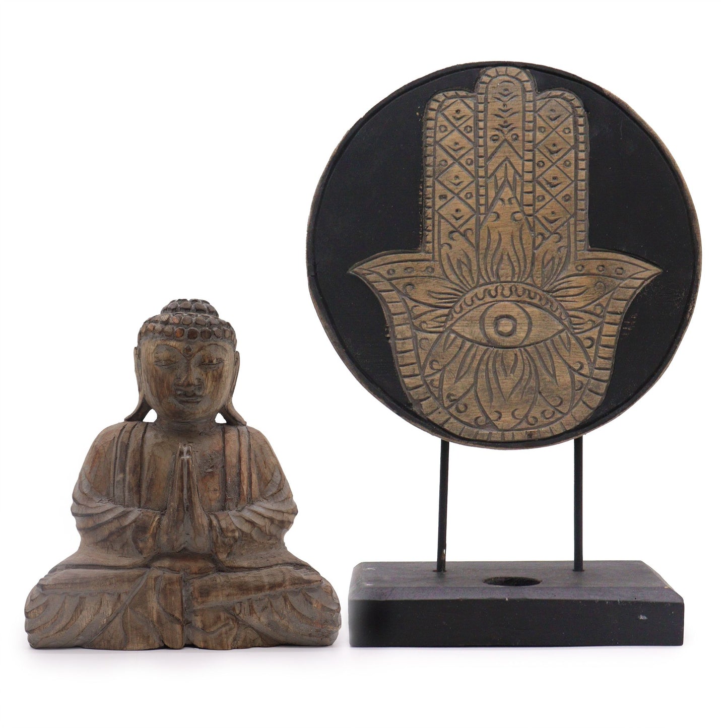 Feng Shui Set Buddha & Hamsa in Grau – Handgeschnitztes Holz-Dekor