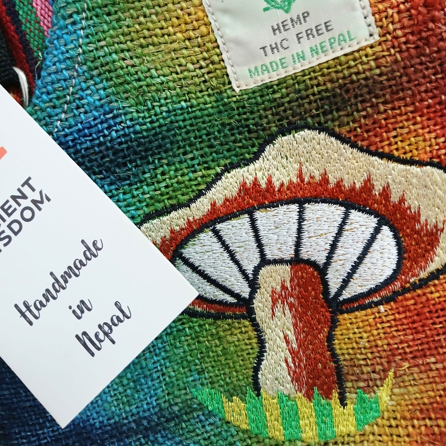 Schultertasche mit Pilz-Stickerei in Orange - Hanf-Baumwolle-Mix aus Nepal
