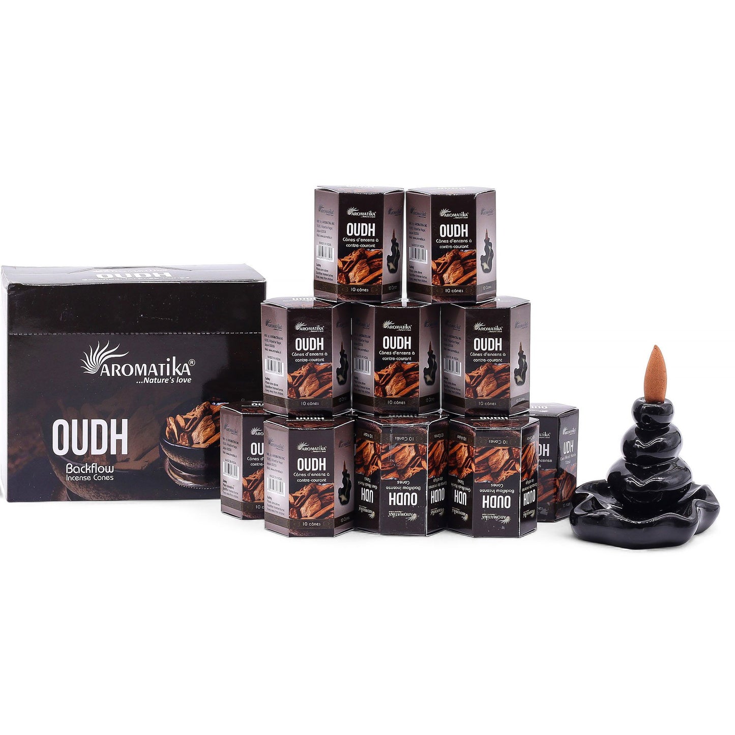 Masala Rückfluss-Räucherkegel Oudh - 10 Stück mit hypnotischem Rauchfluss