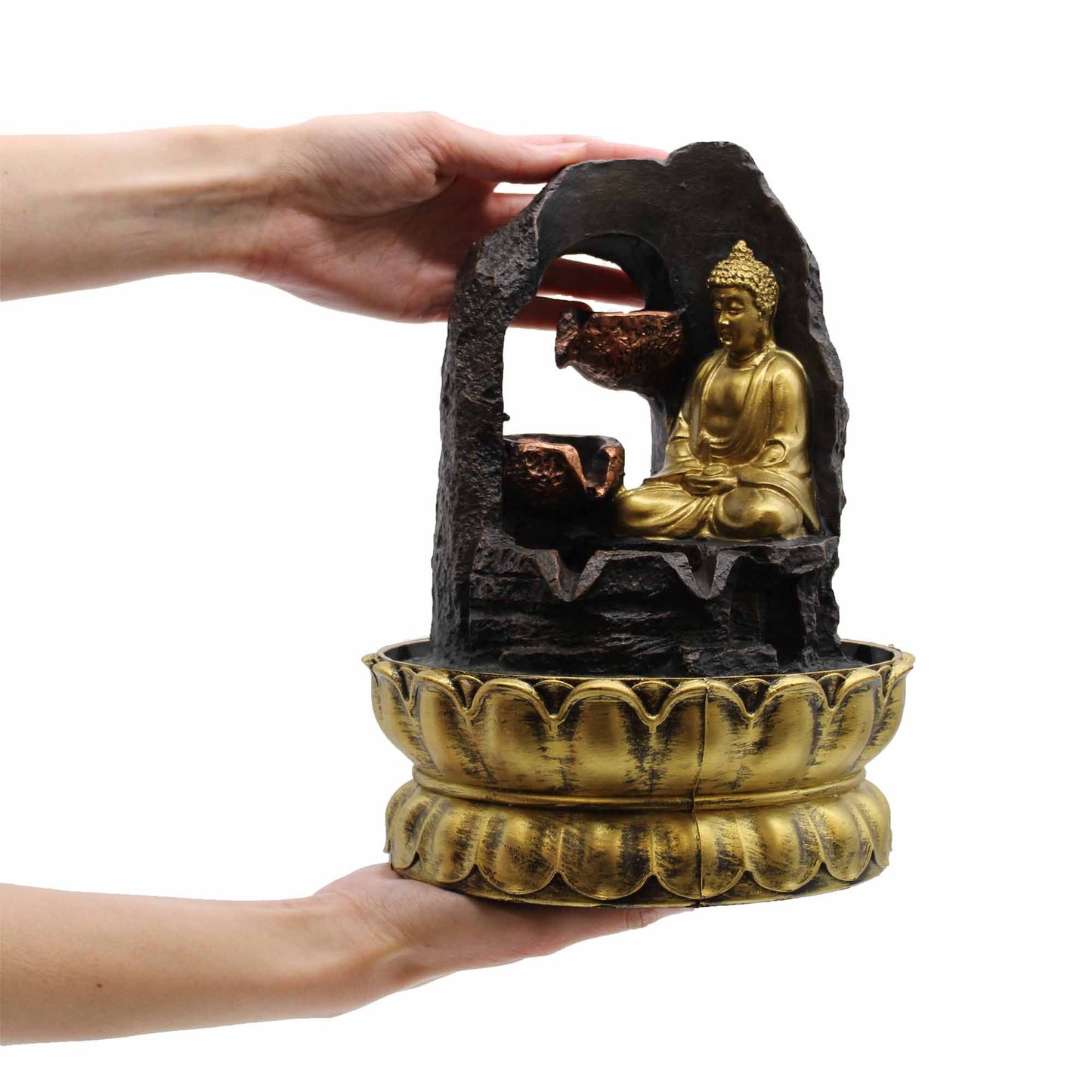 Goldener Buddha Tischbrunnen – Feng Shui Wasserspiel mit LED-Beleuchtung, 30 cm
