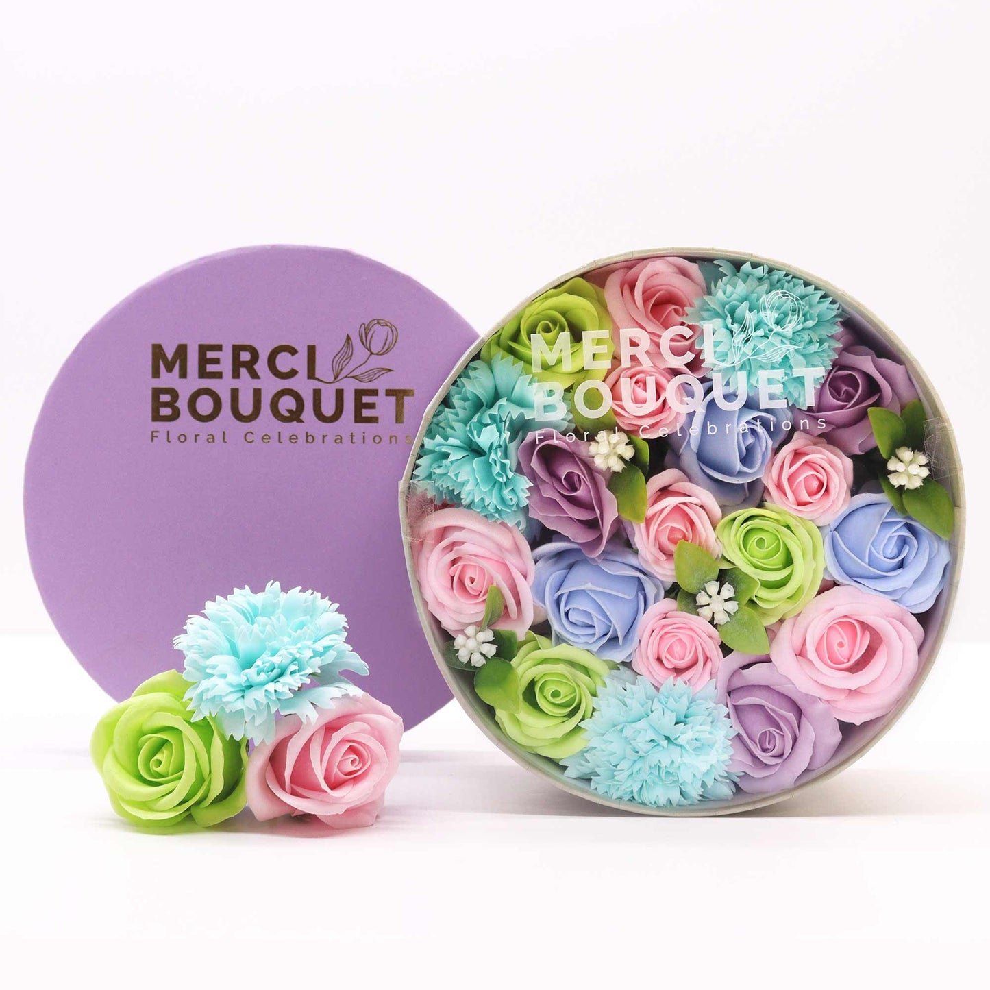 Seifenblumen-Geschenkbox 'Baby Blessings' in Blau - Fertiges Arrangement