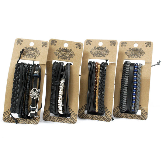 Herren Armband Set Black & Macho – 4-teilig aus Leder & Metall