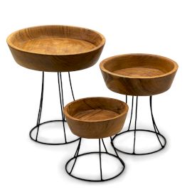 Set mit 3 erhöhten Servierschalen aus Teakholz mit Metallständer