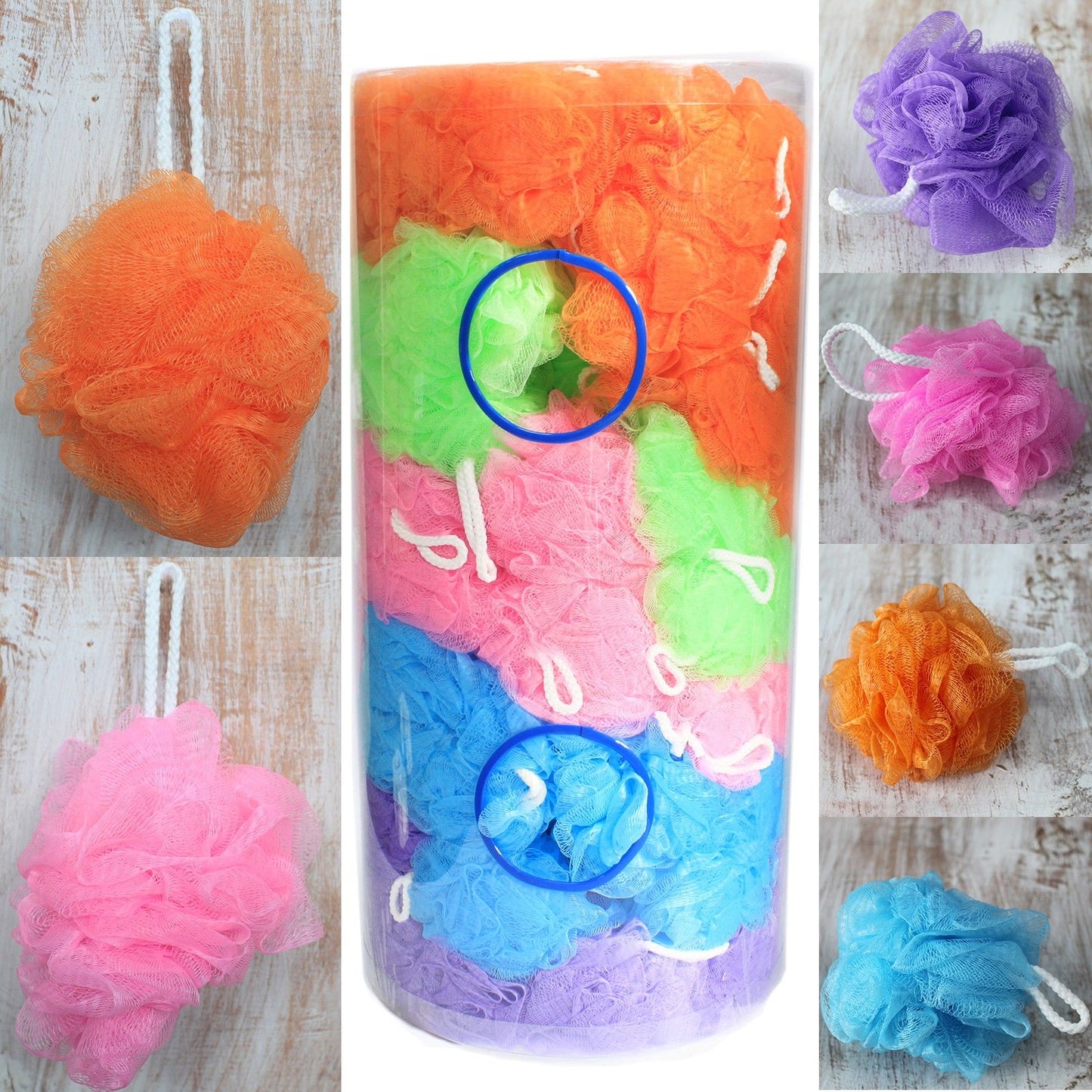Scrunchies Duschschwamm-Set im Präsentationsrohr – 5 Stück, farbenfroh