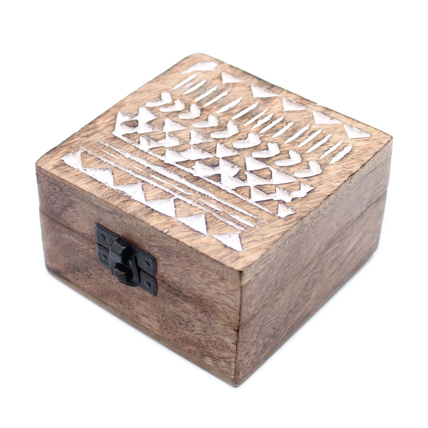Handgeschnitzte Mangoholz-Box mit Aztekendekor in Weiß gewaschen (10x10x6 cm)