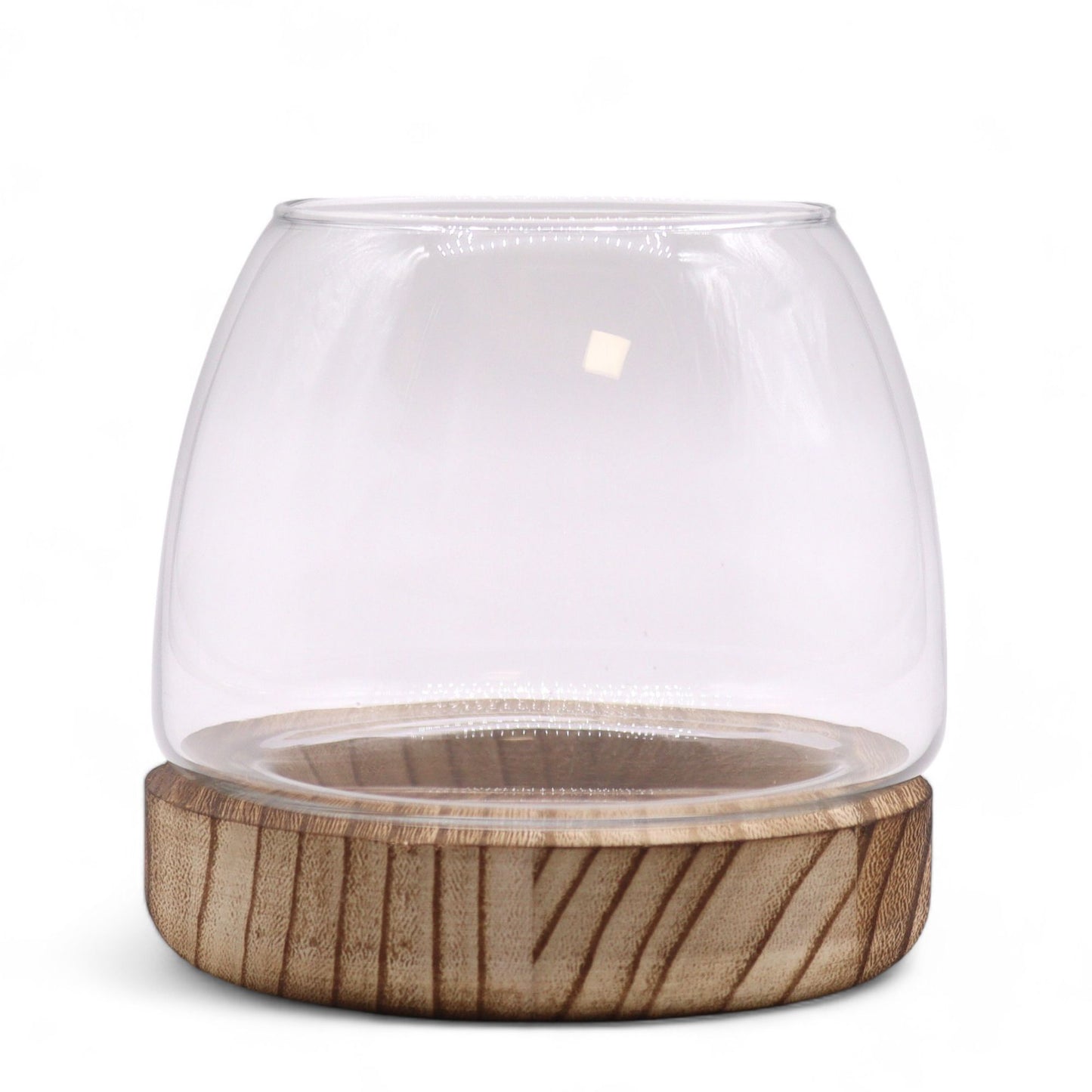 Kleines Glasterrarium auf naturbelassenem Tung-Holz Sockel - 13x13 cm