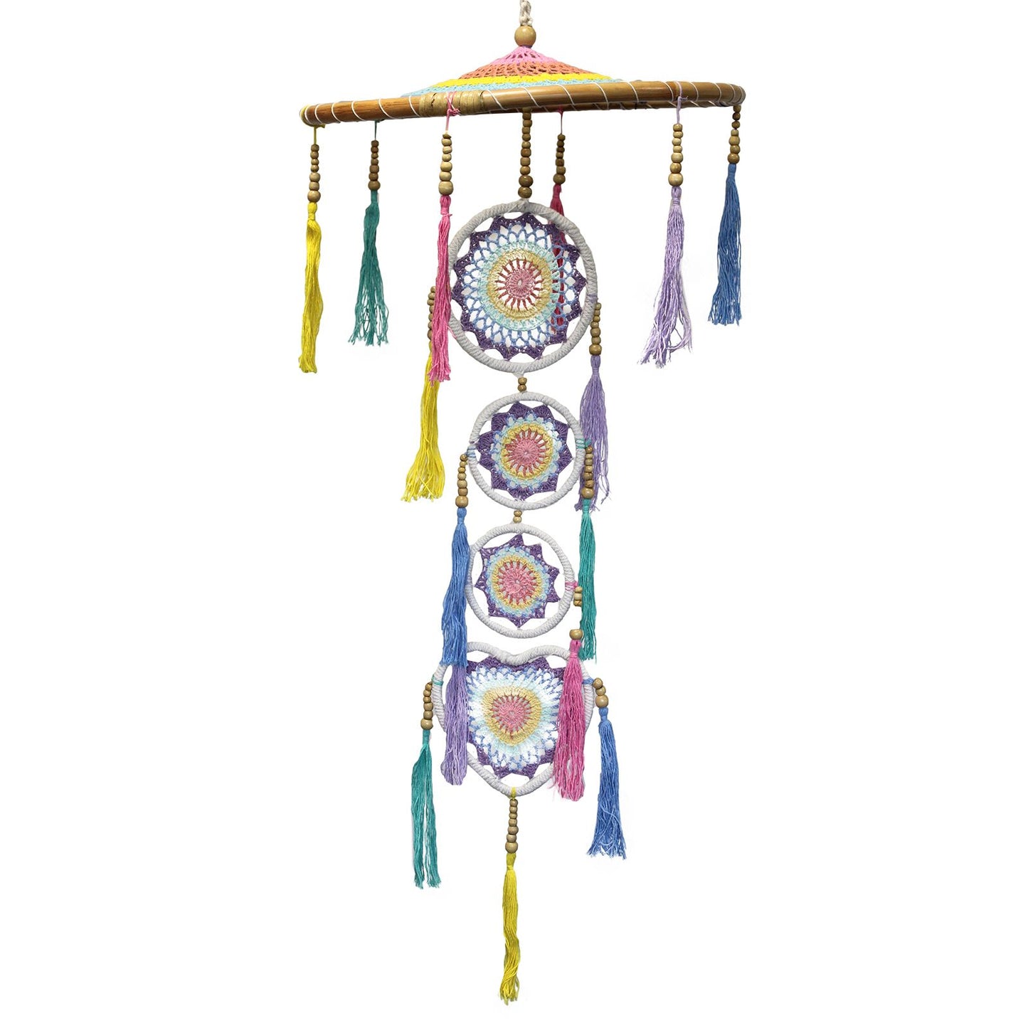 Großer Traumfänger 'Bali Spirit' 120cm - Pastellregenbogen, handgefertigt