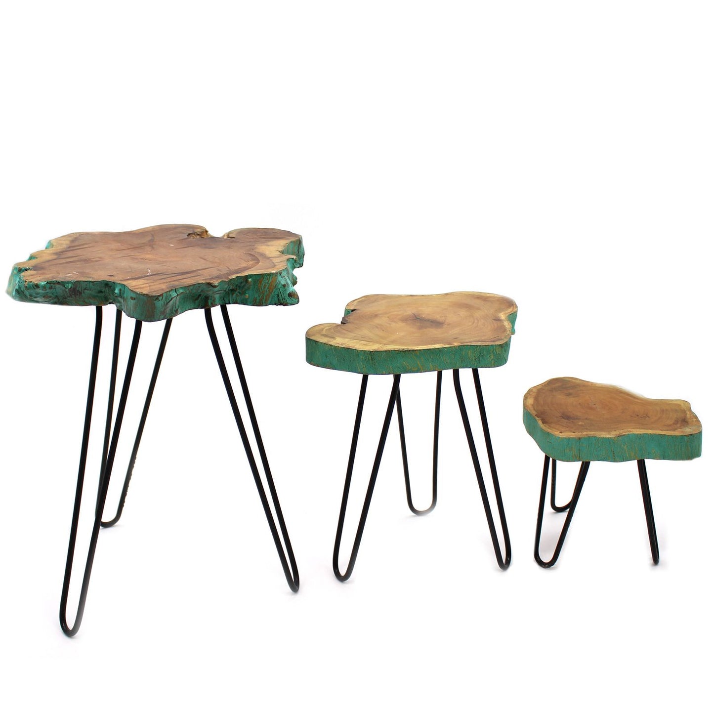 Set aus 3 Pflanzenständern aus Gamal-Holz mit Haarnadelbeinen - Grünlasur