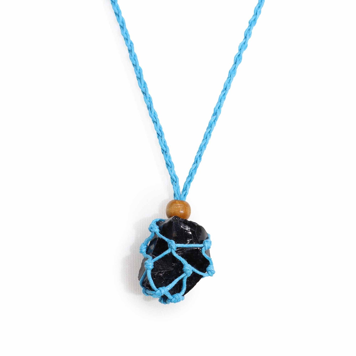 Makramee-Halsband aus blauer Wachsbaumwolle mit Holzperle – Verstellbar für Edelsteine