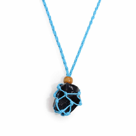 Makramee-Halsband aus blauer Wachsbaumwolle mit Holzperle – Verstellbar für Edelsteine