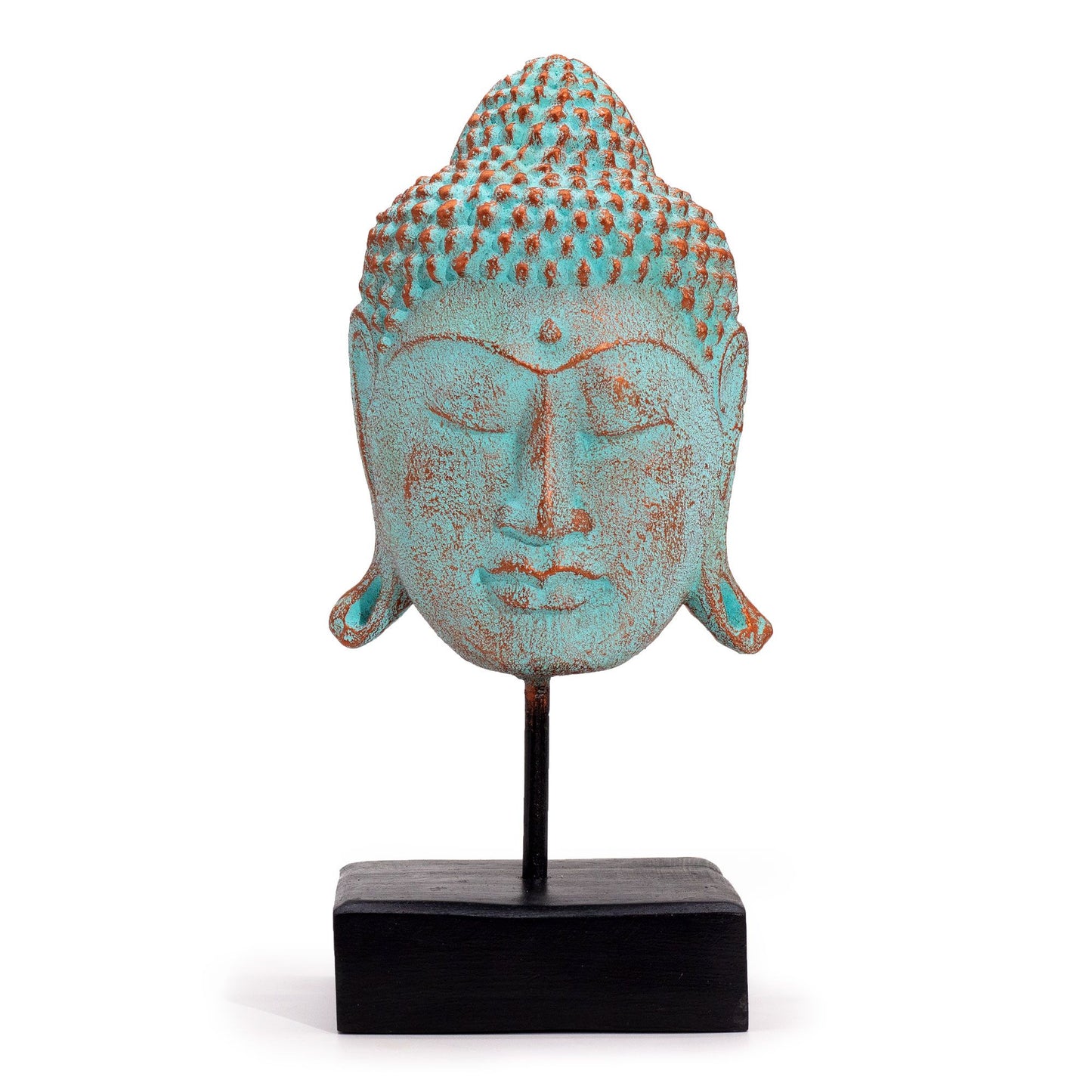Großer Buddha-Kopf 'Serenity' auf Holzständer - Grünkupfer-Patina