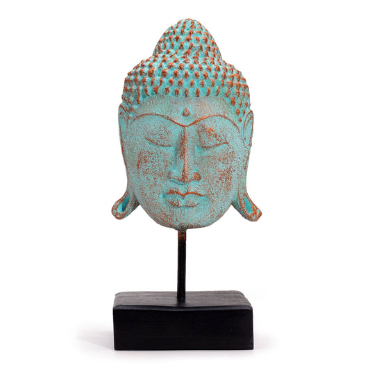 Großer Buddha-Kopf 'Serenity' auf Holzständer - Grünkupfer-Patina