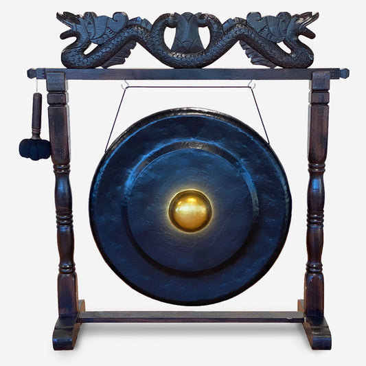 Handgefertigter Bali-Gong 80 cm mit antikem Holzständer in Schwarz