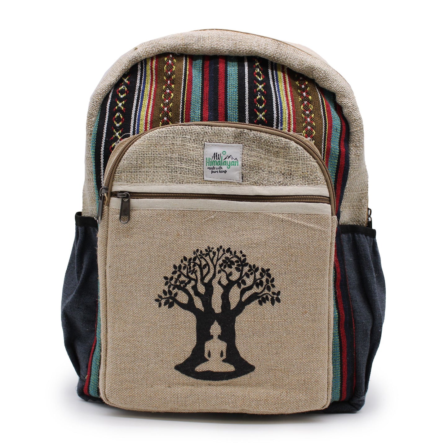 Großer Rucksack aus Hanf-Baumwolle mit Bodhi-Baum Muster – Leicht & Organisiert