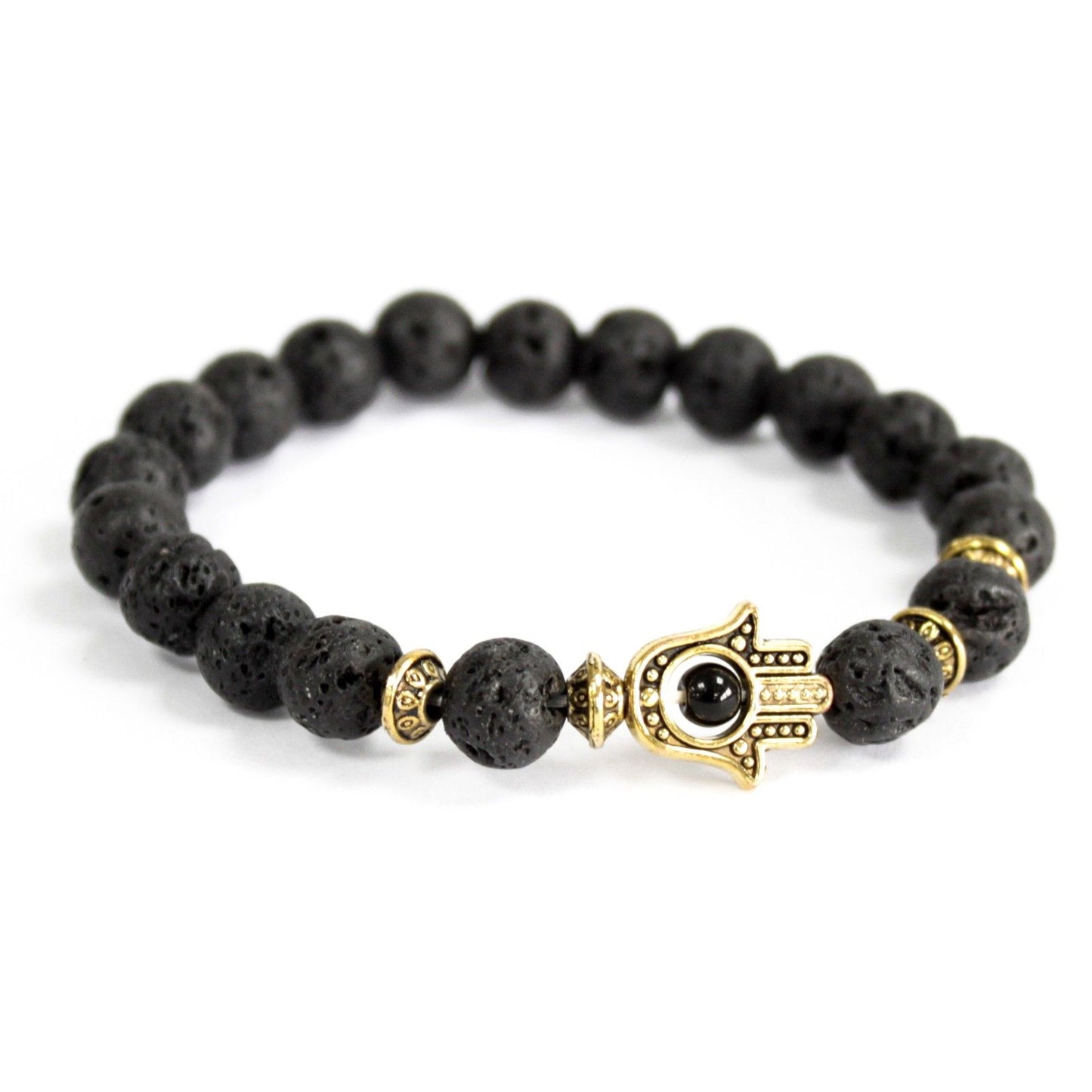 Hamsa Hand Armband mit Lavastein & Edelsteinen – Goldener Schutz