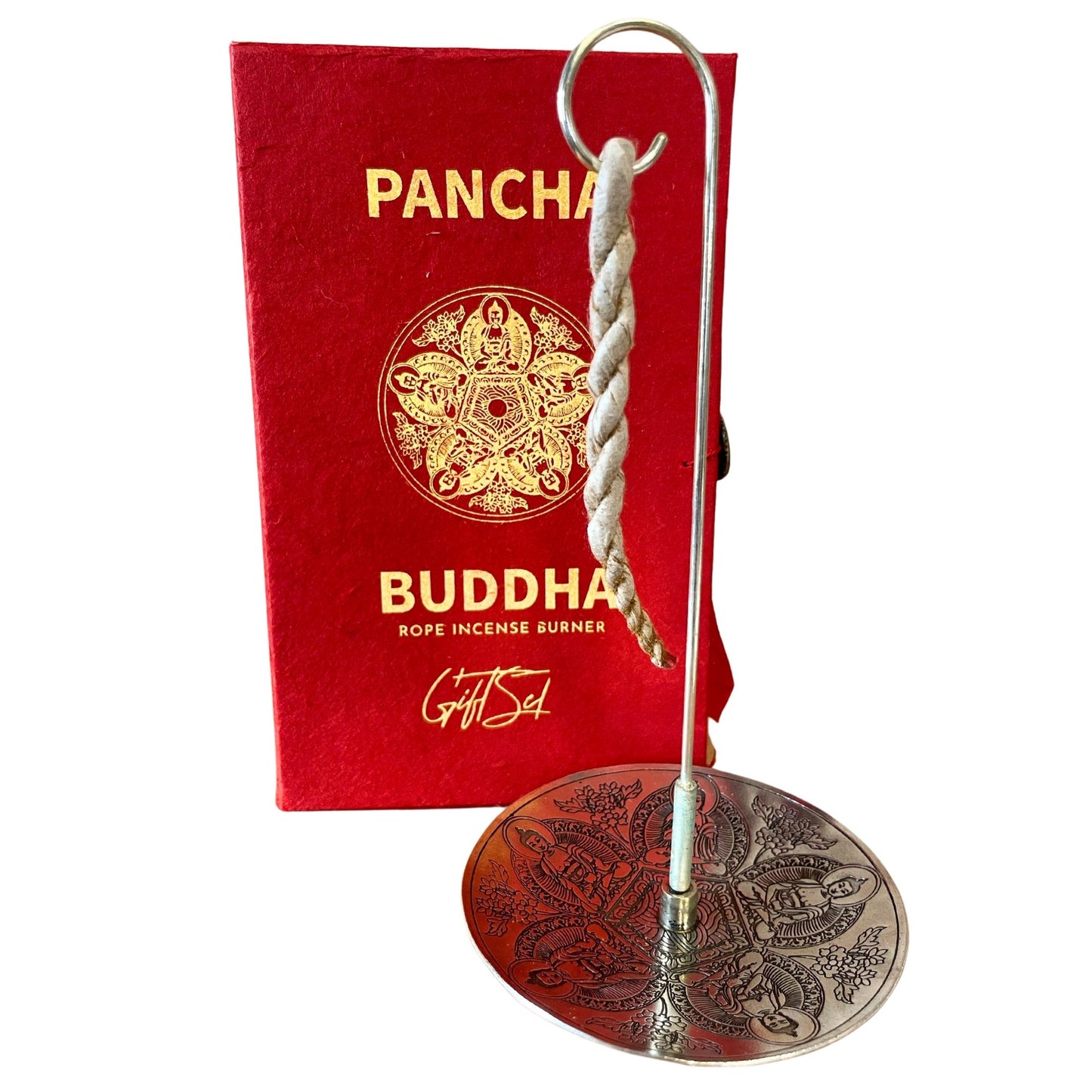 Pancha Buddha Räucherschnur-Set mit versilbertem Halter – 10 Schnüre in Geschenkbox