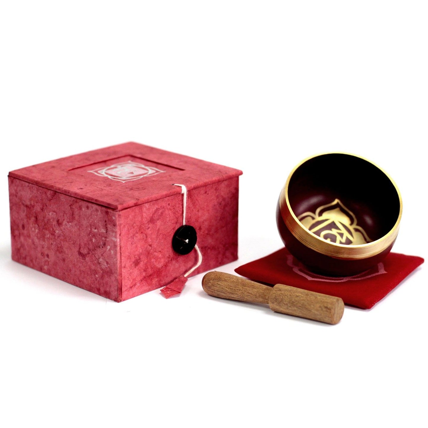 Klangschalen-Set für das Wurzelchakra in Rot – Aus Messing mit Holzschlägel