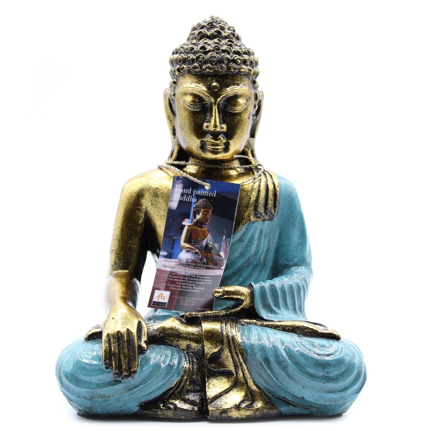 Handbemalte Buddha-Statue in Türkis & Gold - Symbol der inneren Ruhe