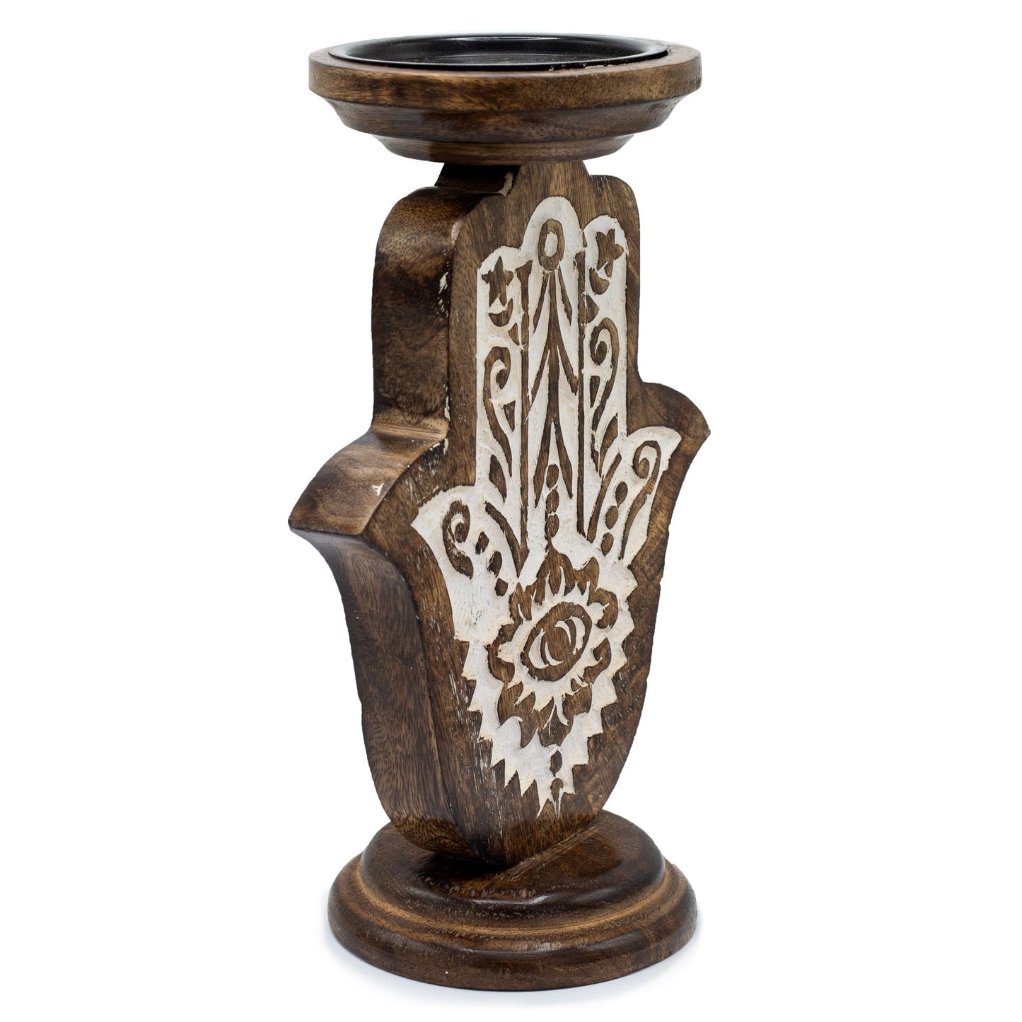 Kerzenständer Hamsa-Hand – Handgeschnitzt aus Mangoholz, 25 x 18 cm