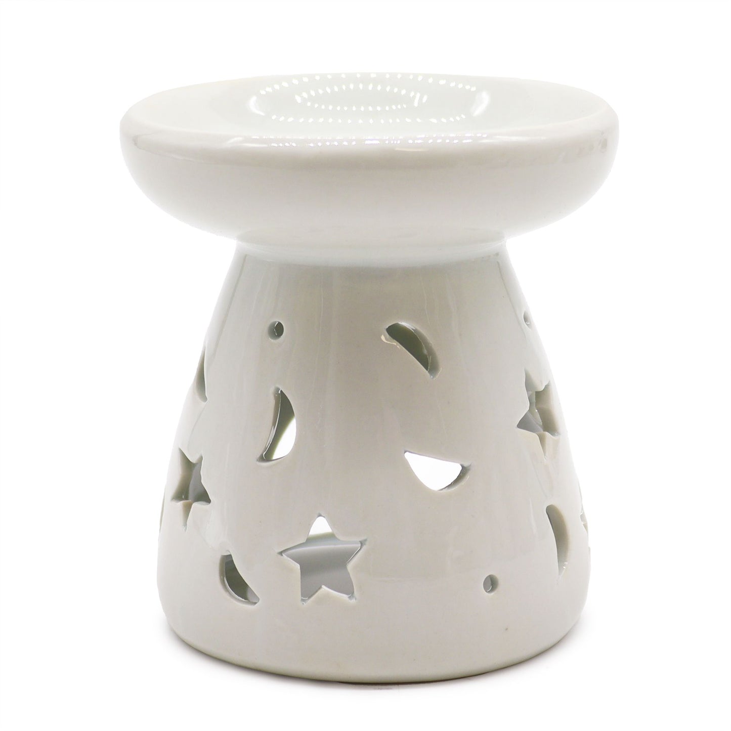 Keramik-Duftlampe 'Mond & Sterne' – Weiße Aromalampe für Öle & Wachse