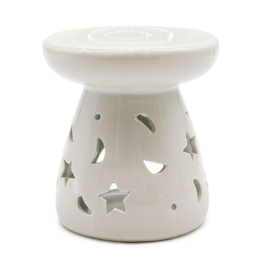 Keramik-Duftlampe 'Mond & Sterne' – Weiße Aromalampe für Öle & Wachse