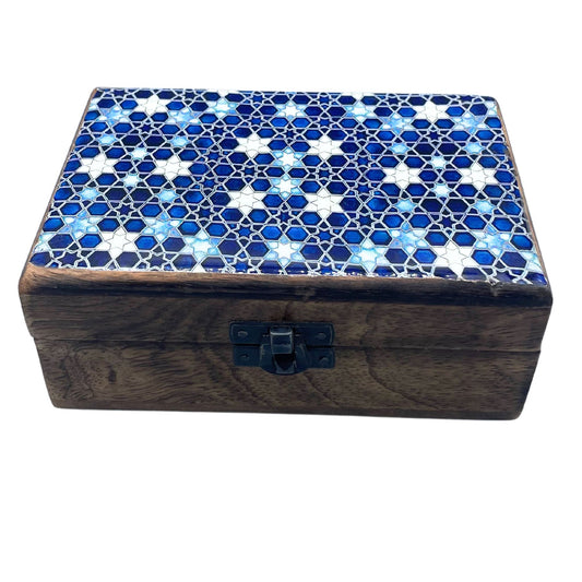 Keramik-Holzkästchen 'Blaue Sterne' aus Mangoholz - 15x10x6 cm