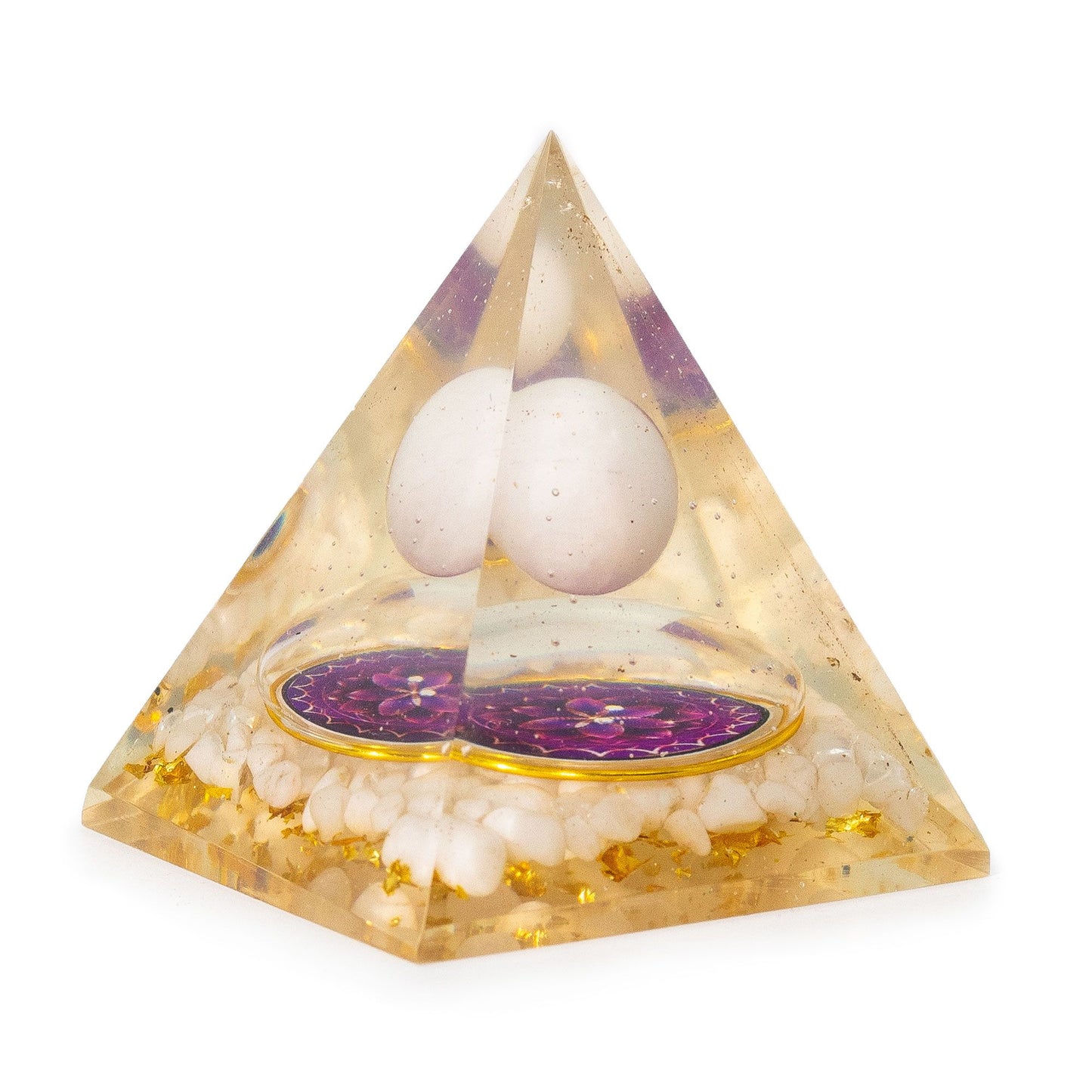 Orgonit-Pyramide mit schwebender Quarzkugel – Mandala-Design mit Goldflocken