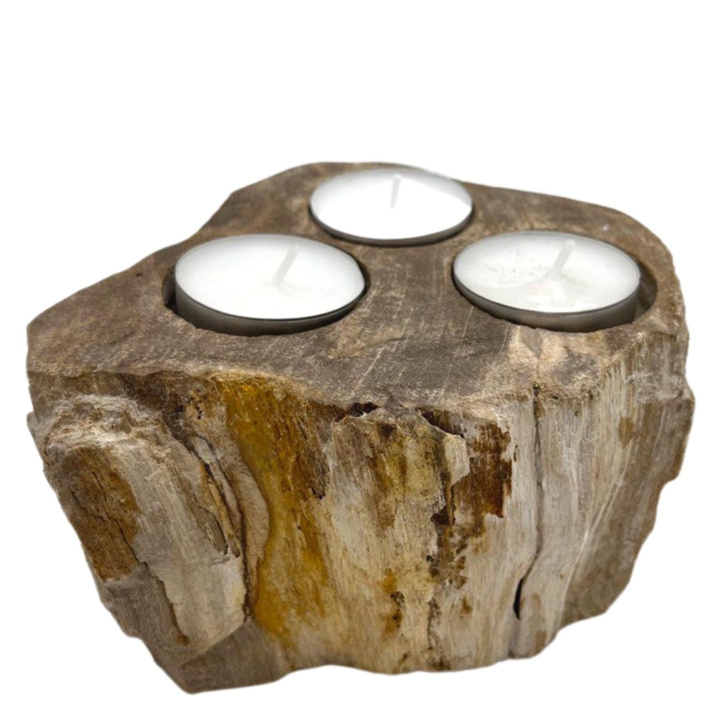 Dreifach-Kerzenhalter aus versteinertem Holz und Marmor – Ein handgefertigtes Unikat