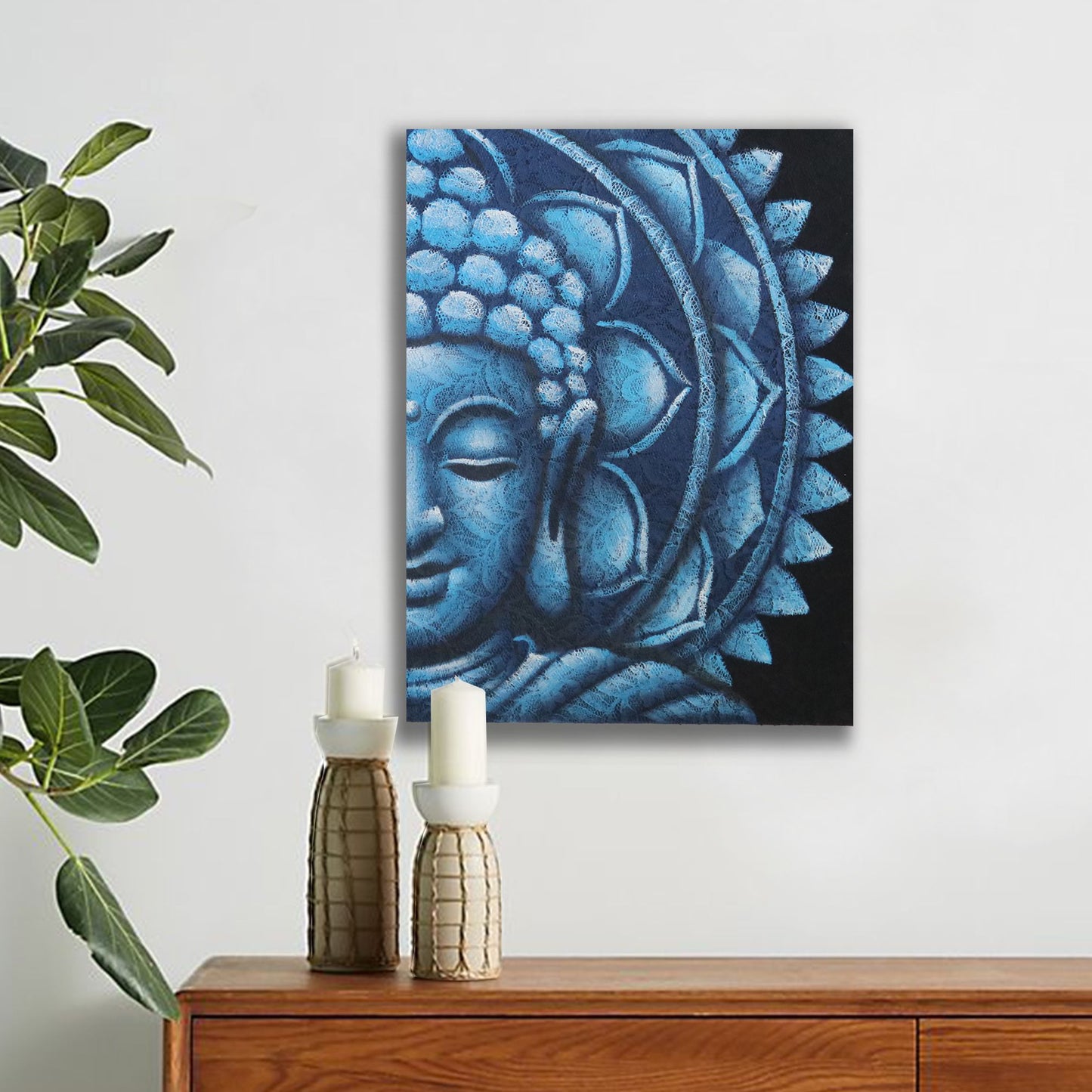 Handgemaltes Buddha Halbmandala in Blau - 60x80 cm Leinwandbild mit Holzrahmen
