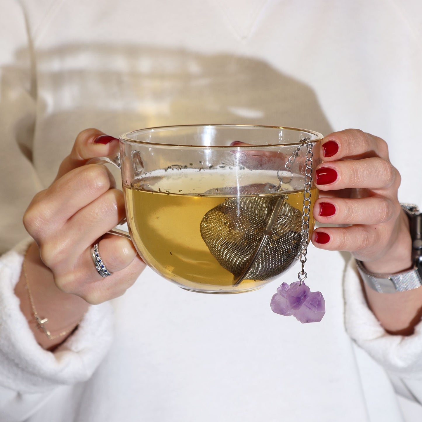Rosenquarz Tee-Infusor aus Edelstahl mit natürlichem Edelstein