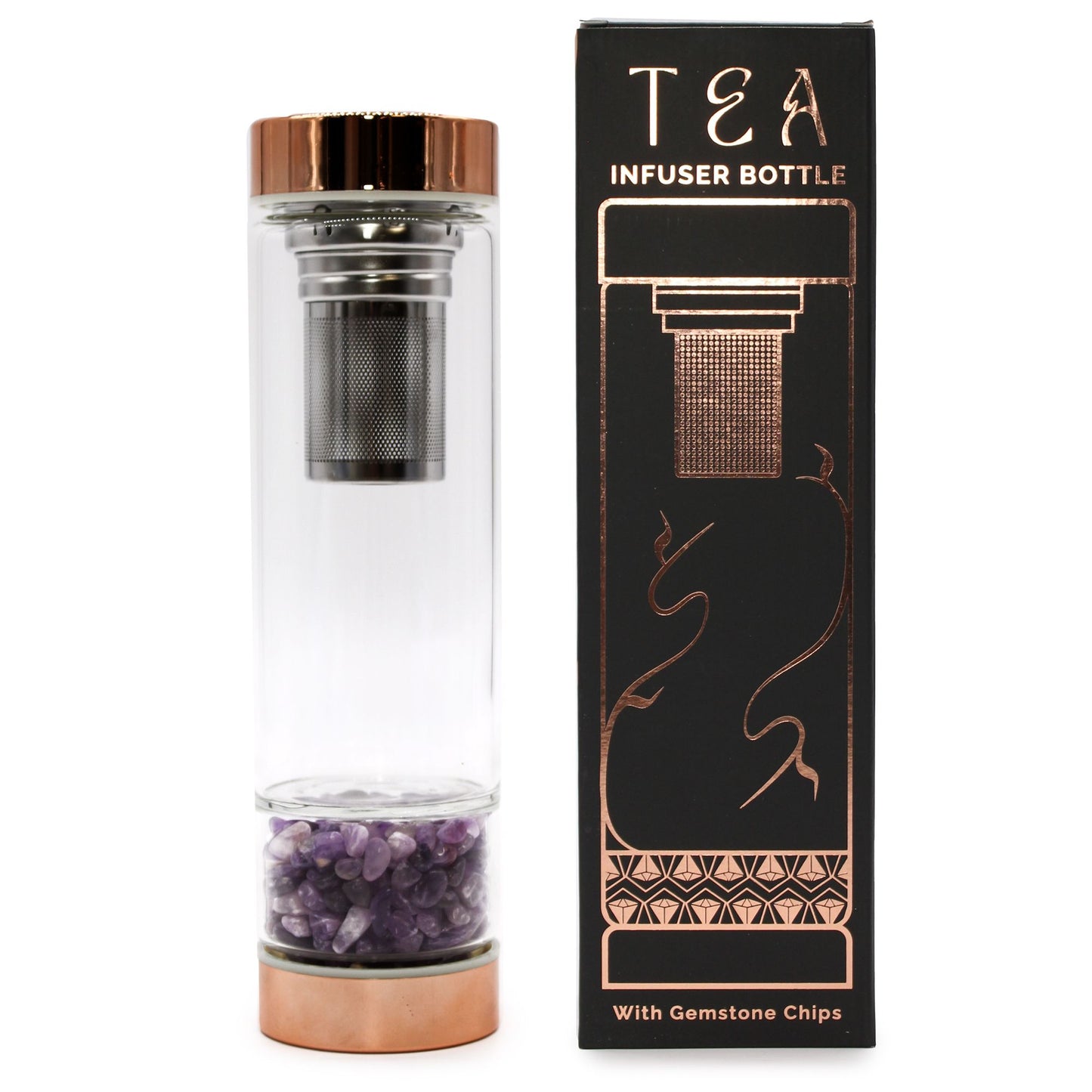 Amethyst Tee-Infuser Glasflasche mit Roségold-Deckel – Inkl. Neoprenhülle