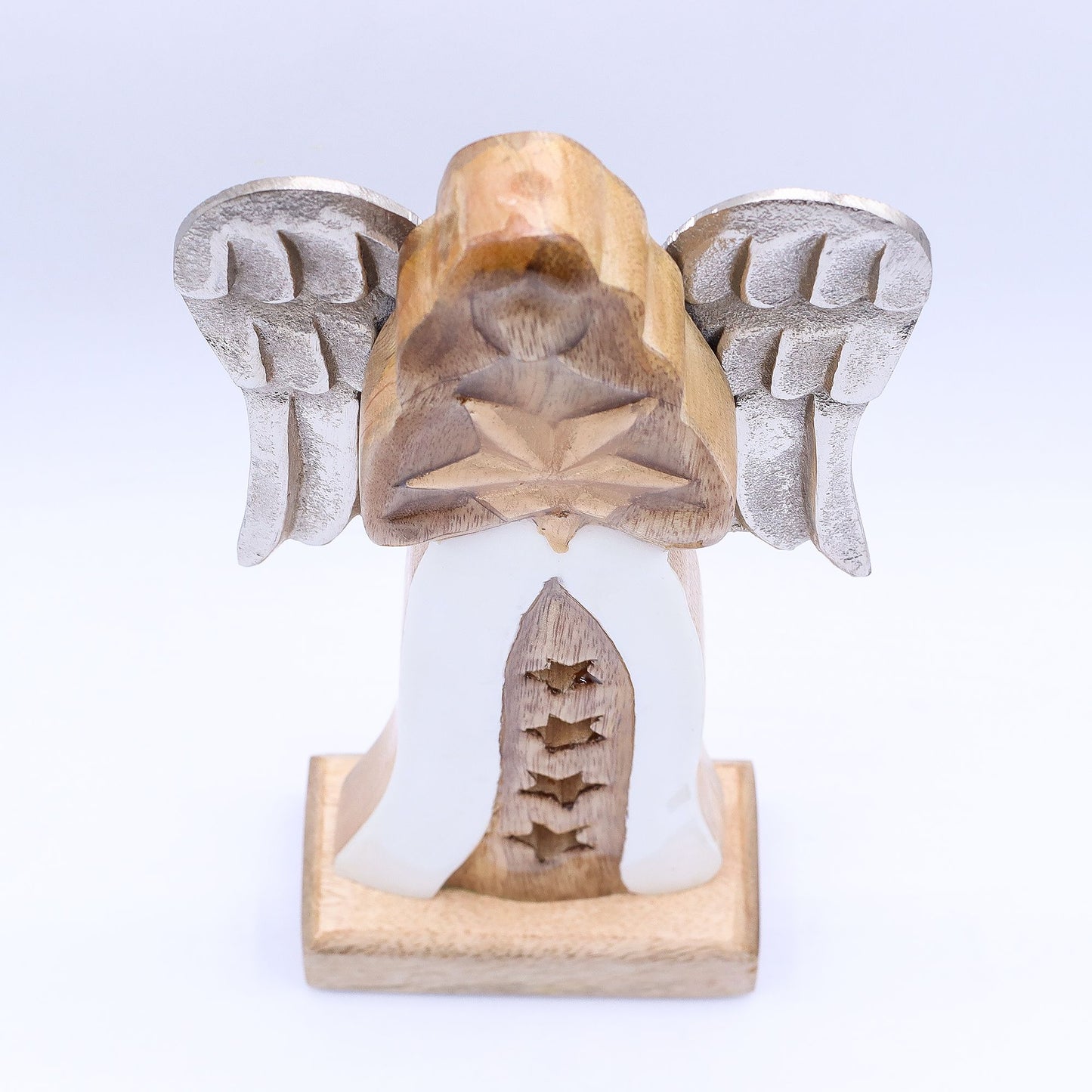 Handgeschnitzter Engel mit Stern – Skulptur aus Mangoholz und Metall