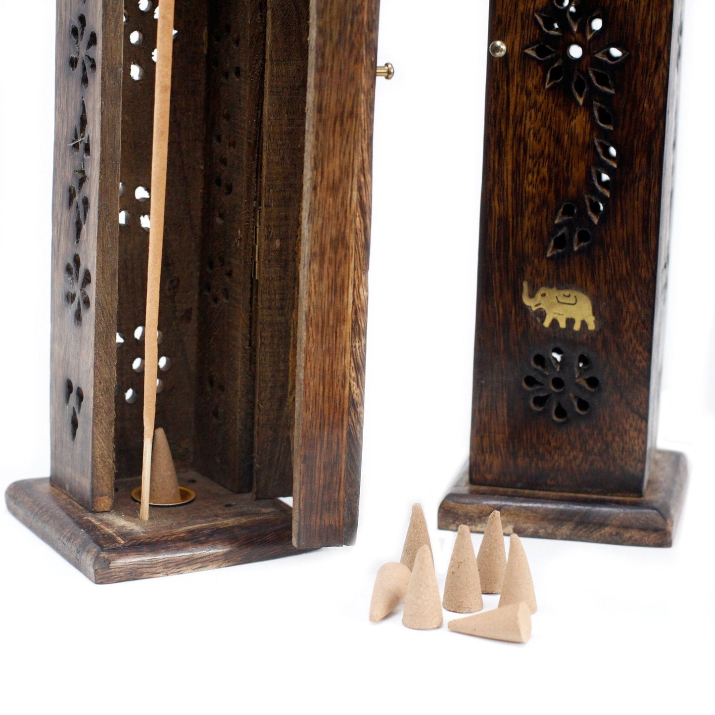 Räucherturm aus Mangoholz mit Messingakzenten – Quadratischer Halter für Räucherstäbchen