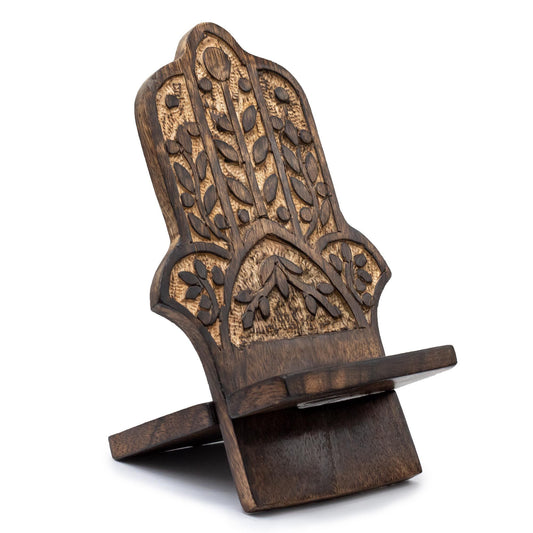 Handyhalter aus Mangoholz mit Hamsa-Motiv – Einzigartiges Unikat