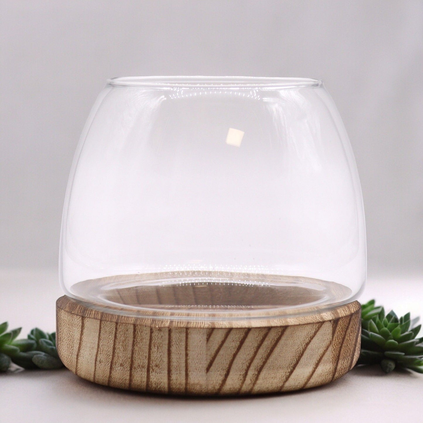 Kleines Glasterrarium auf naturbelassenem Tung-Holz Sockel - 13x13 cm