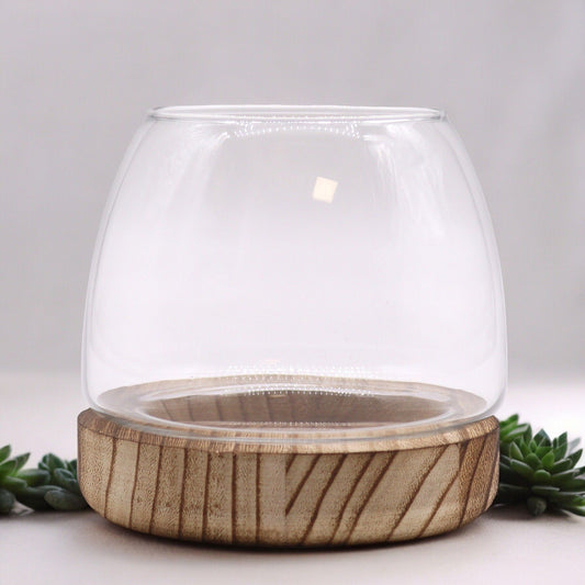 Kleines Glasterrarium auf naturbelassenem Tung-Holz Sockel - 13x13 cm