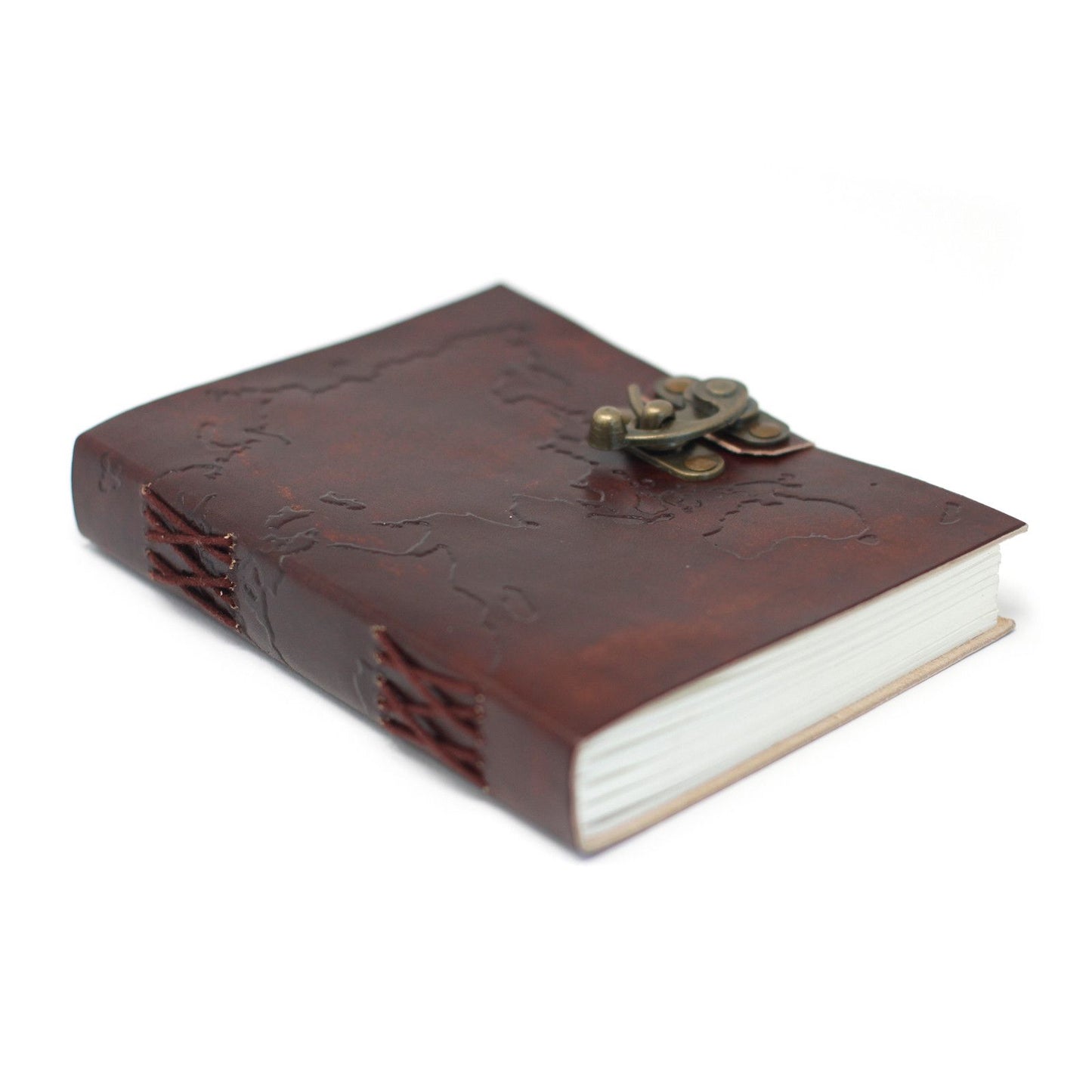 Handgefertigtes Ledernotizbuch mit Weltkarte & Stickerei – 18x13 cm