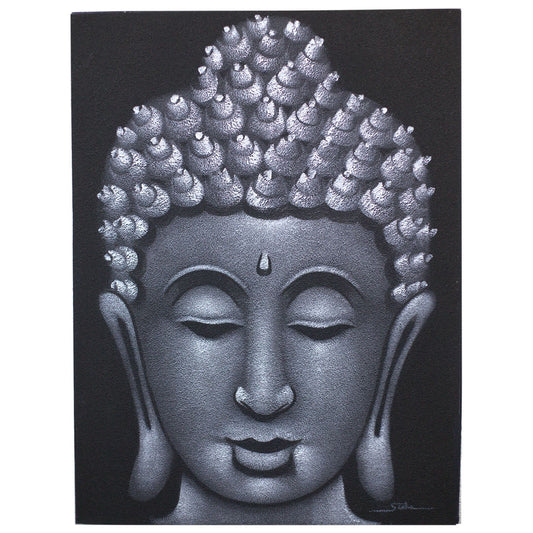 Handgemaltes Buddha Leinwandbild - Grauer Sandton in massivem Durran-Holzrahmen