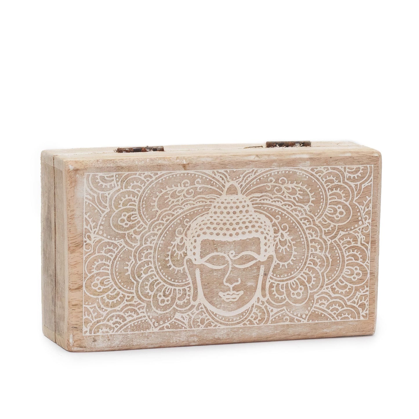 Weiße Schmuckkiste aus Mangoholz mit Buddha-Gravur | 17 x 10 x 4,2 cm