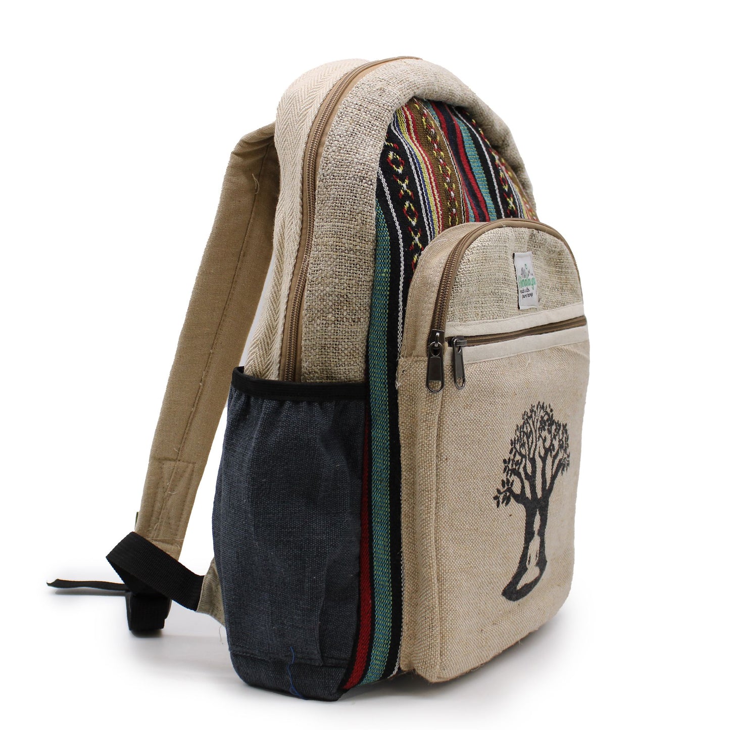 Großer Rucksack aus Hanf-Baumwolle mit Bodhi-Baum Muster – Leicht & Organisiert