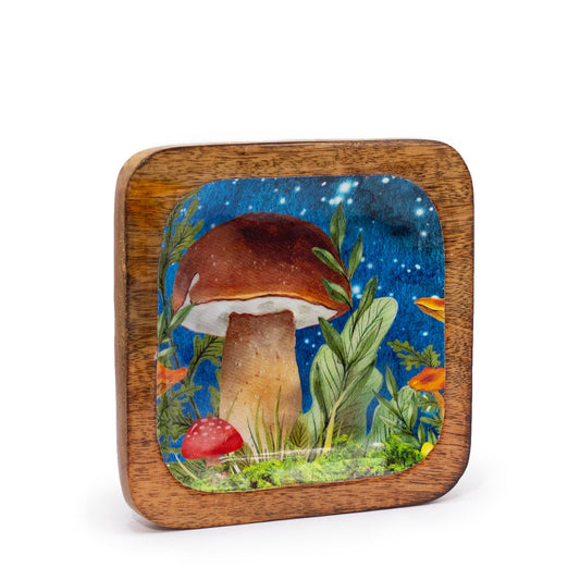 Mangoholz-Tablett mit Pilzmotiv in Petrol – 15x15 cm