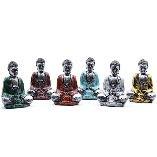 Set mit 6 Mini-Buddha-Figuren in Silber - Handbemaltes Sammelset aus Bali